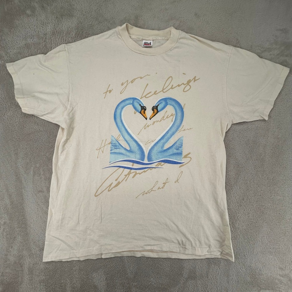 Vintage Anvil Mens XL Cream Swan Heart Graphic T-Shirt Preowned Made in USA